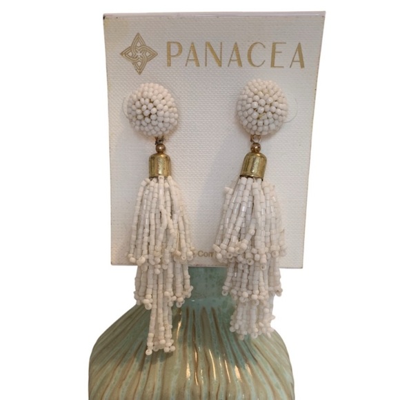 PANACEA Earrings Beaded Tassel I White I Metallic Gold Accents I Post Backings - Picture 5 of 11